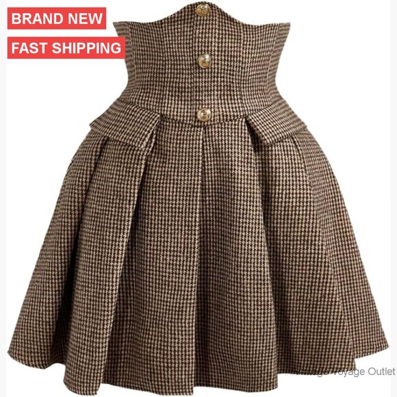 Women's Plaid Mini Skirt Button Front Pleated A-Line High Waist